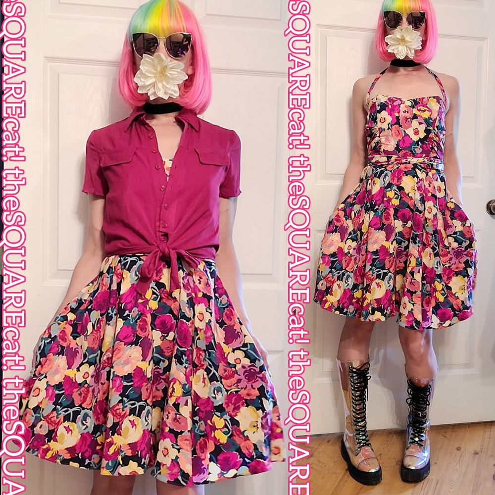 Betsey Johnson vintage wildflowers floral silk fit & flare halter midi dress